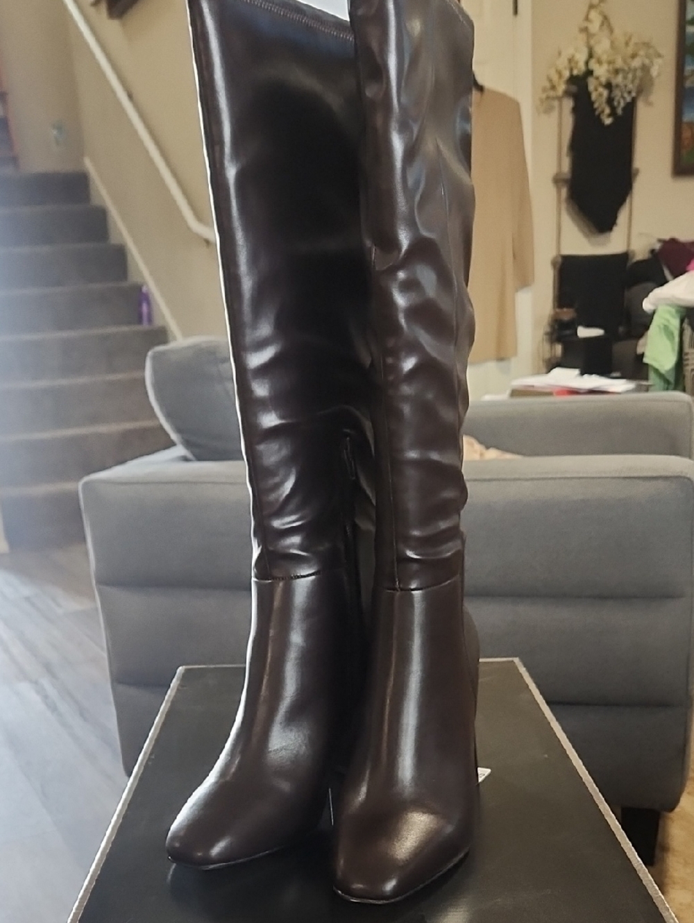 Esley Tall Over-the-Knee Leather Boots in Dark Brown, Party Girls.